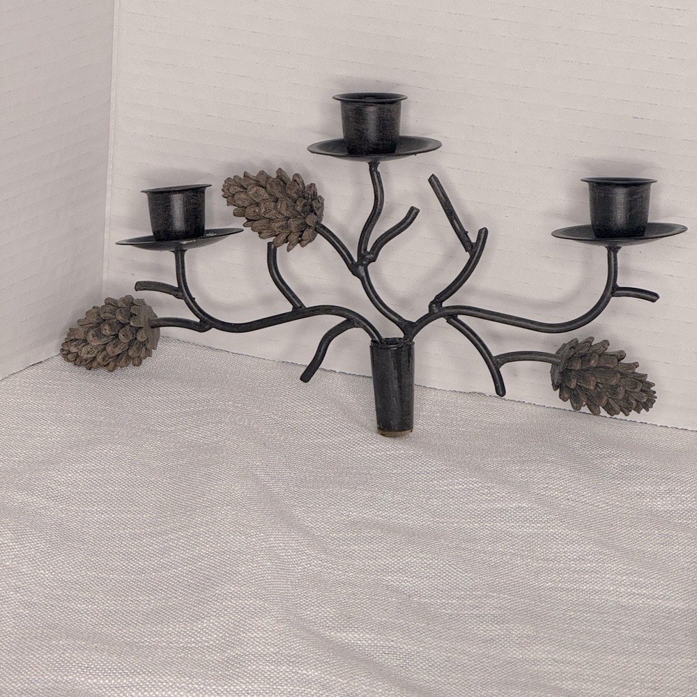 Candle Holder SET Pinecone design holds 3 tapered candles place on fancy bottle